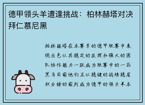 德甲领头羊遭逢挑战：柏林赫塔对决拜仁慕尼黑