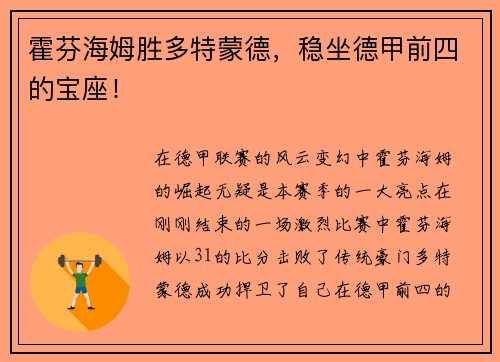 霍芬海姆胜多特蒙德，稳坐德甲前四的宝座！