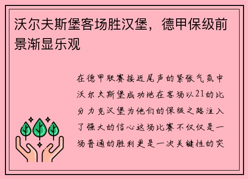 沃尔夫斯堡客场胜汉堡，德甲保级前景渐显乐观