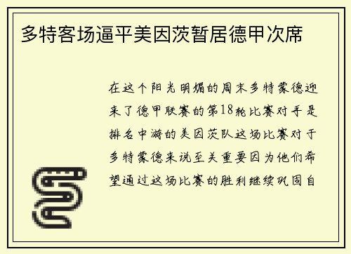 多特客场逼平美因茨暂居德甲次席