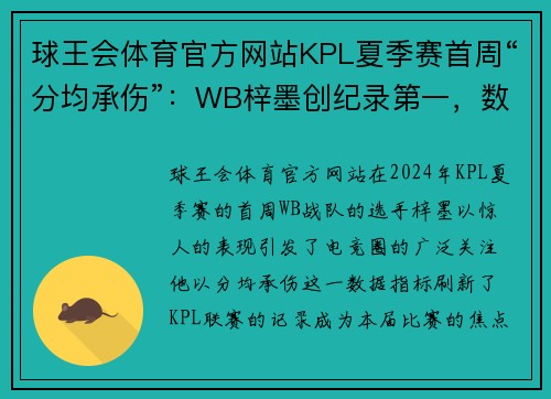 球王会体育官方网站KPL夏季赛首周“分均承伤”：WB梓墨创纪录第一，数据都无法掩盖的背后真相 - 副本