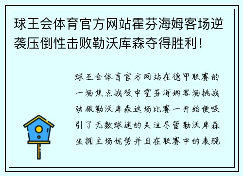 球王会体育官方网站霍芬海姆客场逆袭压倒性击败勒沃库森夺得胜利！