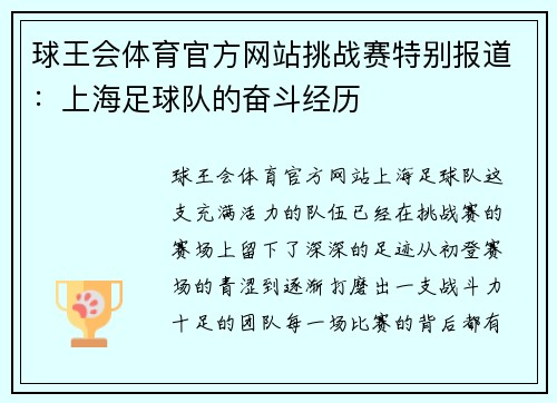 球王会体育官方网站挑战赛特别报道：上海足球队的奋斗经历