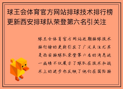 球王会体育官方网站排球技术排行榜更新西安排球队荣登第六名引关注